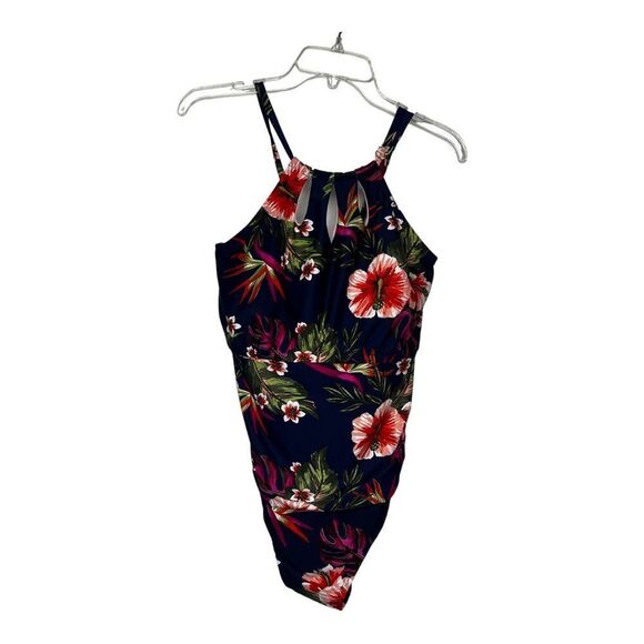Kona Sol Black Hibiscus Tropical Halter Style Women's Swimsuit Plus Size 24W - Picture 1 of 5